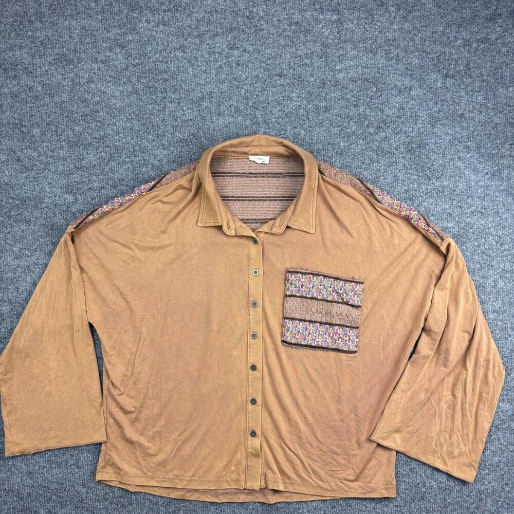 POL Shirt Womens Small Brown Button Front Textured Pocket Boho Oversized